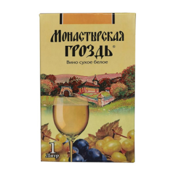 Вино МОНАСТЫРСКАЯ ГРОЗДЬ Белое Сухое 10-12% 1л т/пак ВИНО РОССИИ