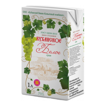 Вино КВКК, "Кубанское" Белое Сухое, Тетра Пак, 1 л