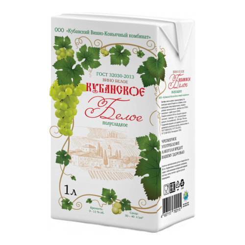 Вино КВКК, "Кубанское" Белое Полусладкое, Тетра Пак, 1 л 
