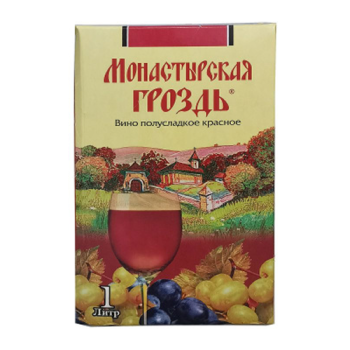 Вино МОНАСТЫРСКАЯ ГРОЗДЬ Красное Полусладкое 10-12% 1л т/пак ВИНО РОССИИ