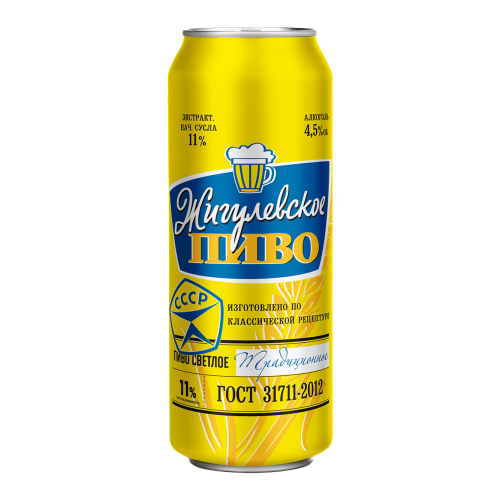 Пиво Жигулевское Традиционное светлое фильтрованное пастеризованное 4%, в жестяной банке, 0,45 л