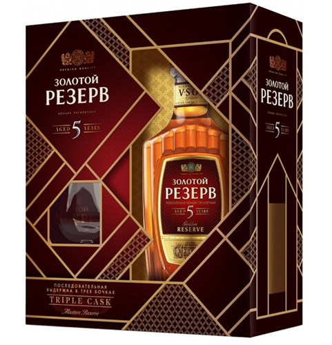 Коньяк пятилетний «Золотой резерв» п/у + стакан 0,5 л Россия