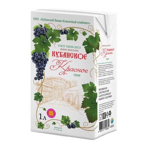 Вино КВКК, "Кубанское" Красное Сухое, Тетра Пак, 1 л