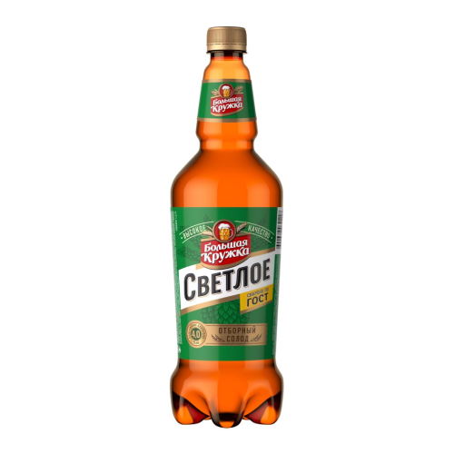 Пиво светлое БОЛЬШАЯ КРУЖКА пастеризованное 4%, 1.2л, Россия, 1.2 L