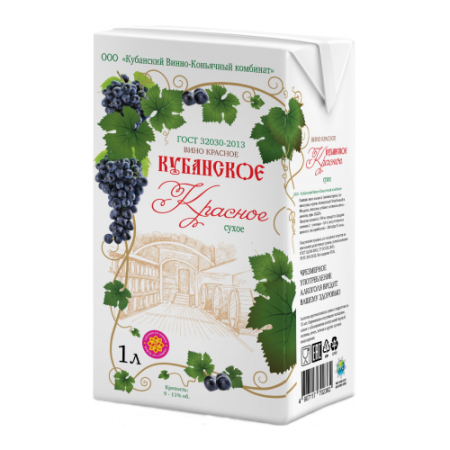 Вино КВКК, "Кубанское" Красное Сухое, Тетра Пак, 1 л